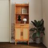 rattan door Bookshelf Display Case with drawer walnut finish Open Storage Shelves narrow bookcase