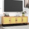 ON-TREND TV Stand Entertainment Cabinet with 4 Textured Rattan Doors and 2 Adjustable Panels; Wooden Farmhouse TV Console Table for TVs up to 65inches