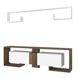 71 Inch Wooden TV Console Entertainment Media Center; 2 Piece Set; Wall Mounted Floating Shelf; White; Brown