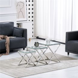 3 Pieces Silver Square Nesting Glass End Tables(X shape frame)- Small Coffee Table Set- Stainless Steel Small Coffee Tables with Clear Tempered Glass-