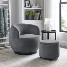 Swviel Barrel Chair with Black Stainless Steel Base; with Storage Ottoman; Velvet; Grey