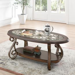 Coffee Table with Glass Table Top and Powder Coat Finish Metal Legs; Dark Brown (52.5&quot;X28.5&quot;X19.5&quot;)