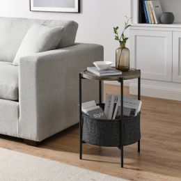 Modern Accent End Table with Storage Basket; Grey Cloth Bag and Brown Top (18'x18'x24')