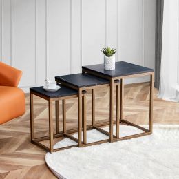 Modern minimalist black MDF end table and side table; three piece combination small coffee table with dark gold metal legs; Square bedside table in li