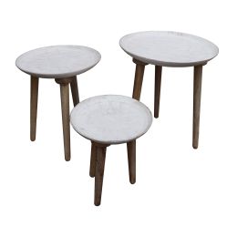 Mango Wood Bowl Top Side End Coffee Table with Angled Tripod Base; Set of 3; White and Brown