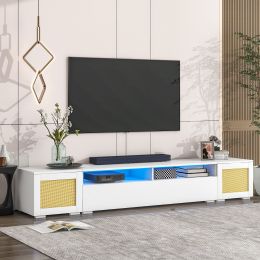 ON-TREND Rattan Style Entertainment Center with Push to Open Doors; 3-pics Extended TV Console Table for TVs Up to 90'; Modern TV Stand with Color Cha