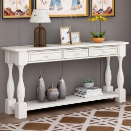 TREXM Console Table 64&quot; Long Sofa Table Easy Assembly with Drawers and Shelf for Entryway; Hallway; Living Room (Antique White)