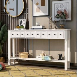 TREXM Rustic Entryway Console Table; 60&quot; Long with two Different Size Drawers and Bottom Shelf for Storage (Antique White)