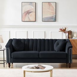 MH Modern Velvet Upholstered Sofa Couch; 3 Seat Tufted Back with Nail Arms with 2 pillows; Solid wood Legs; Sleeper Sofa for Living Room; Compact Livi