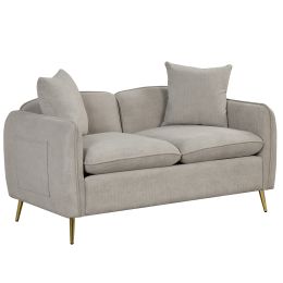 57.8" Velvet Upholstered Loveseat Sofa; Loveseat Couch with 2 Pillows Modern Sofa with Golden Metal Legs for Small Spaces; Living Room; Apartment; Gra