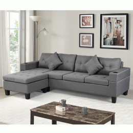 Sectional Sofa Set for Living Room with L Shape Chaise Lounge ; cup holder and Left or Right Hand Chaise Modern 4 Seat (Grey)