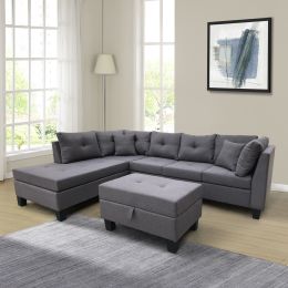 Sectional Sofa Set for Living Room with Left Hand Chaise Lounge and Storage Ottoman (Grey)