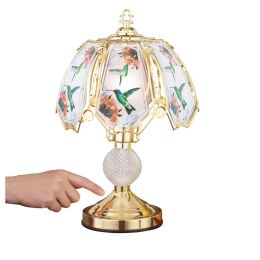 Hummingbird lamp with gold base and stained glass panel; table decoration for any room in the home