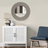 32 Inch Round Beveled Floating Wall Mirror with Corrugated Design Wooden Frame; Gray; DunaWest