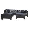 Three Piece sofa with three-seat sofa, one  Left chaise lounge, one  storage ottoman, seven  back cushions two  throw pillows (BLACK PU)