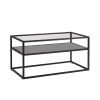 40.16" Glass Coffee Table; 2 Tier Rectangular Modern Center Table; Living Room Table; Black Metal Reversable Walnut and Cement ash