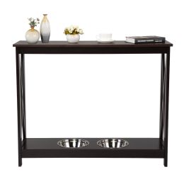 31.5"H Modern Console Table with Dog Bowls; X Frame Narrow Sofa Table; Cat Feeding Station for Living Room Entry; Nut Brown and Black