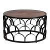 32 Inch Round Coffee Table; Mango Wood Top; Lattice Cut Out Metal Frame; Brown; Black; DunaWest