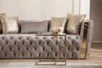 Naomi Button Tufted Sofa with Velvet Fabric and Gold Accent in Off White