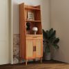 rattan door Bookshelf Display Case with drawer walnut finish Open Storage Shelves narrow bookcase