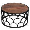 32 Inch Round Coffee Table; Mango Wood Top; Lattice Cut Out Metal Frame; Brown; Black; DunaWest