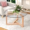 ON-TREND Round Glass Coffee Table Modern Cocktail Table Easy Assembly with Tempered Glass Top & Sturdy Wood Base; Natural (OLD SKU: WF190112AAL)