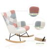 Rocking Chair; Mid Century Fabric Rocker Chair with Wood Legs and Patchwork Linen for Livingroom Bedroom