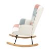 Rocking Chair; Mid Century Fabric Rocker Chair with Wood Legs and Patchwork Linen for Livingroom Bedroom