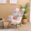 Rocking Chair; Mid Century Fabric Rocker Chair with Wood Legs and Patchwork Linen for Livingroom Bedroom