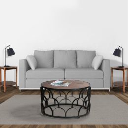 32 Inch Round Coffee Table; Mango Wood Top; Lattice Cut Out Metal Frame; Brown; Black; DunaWest