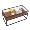 40.16" Glass Coffee Table; 2 Tier Rectangular Modern Center Table; Living Room Table; Black Metal Reversable Walnut and Cement ash