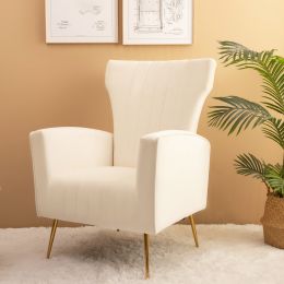 Velvet Accent Chair; Wingback Arm Chair with Gold Legs; Upholstered Single Sofa for Living Room Bedroom; White