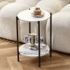 2-layer End Table with Whole Faux Marble Tabletop; Round Coffee Table with Black Metal Frame for Bedroom Living Room Office (White; 1 piece)