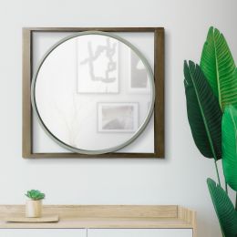 Rectangular Beveled Wall Mirror with Round Inner Frame; Brown; DunaWest