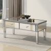 ON-TREND Modern Glass Mirrored Coffee Table with 2 Drawers; Cocktail Table with Crystal Handles and Adjustable Height Legs for Living Room; Silver