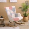 Rocking Chair; Mid Century Fabric Rocker Chair with Wood Legs and Patchwork Linen for Livingroom Bedroom