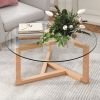 ON-TREND Round Glass Coffee Table Modern Cocktail Table Easy Assembly with Tempered Glass Top & Sturdy Wood Base; Natural (OLD SKU: WF190112AAL)